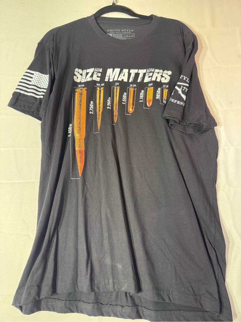 New Grunt Style Black "Size Matters" Graphic Tee with Orange Bullet Art
